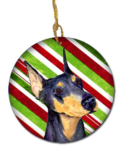 Doberman Candy Cane Holiday Christmas Ceramic Ornament