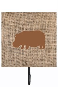 Hippopotamus Burlap and Brown Leash Or Key Holder