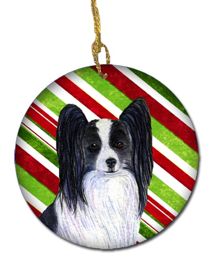 Papillon Candy Cane Holiday Christmas Ceramic Ornament