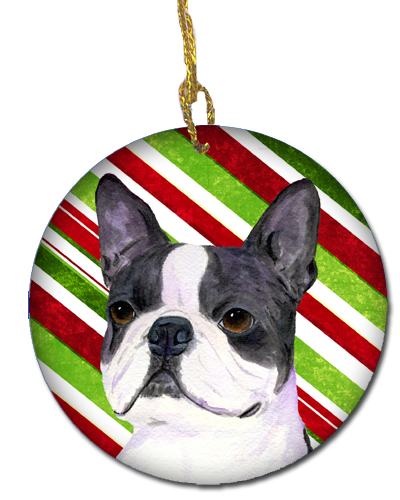 Boston Terrier Candy Cane Holiday Christmas Ceramic Ornament
