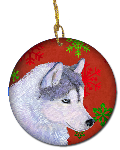 Siberian Husky Red Snowflakes Holiday Christmas Ceramic Ornament