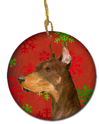 Doberman Red Snowflakes Holiday Christmas Ceramic Ornament