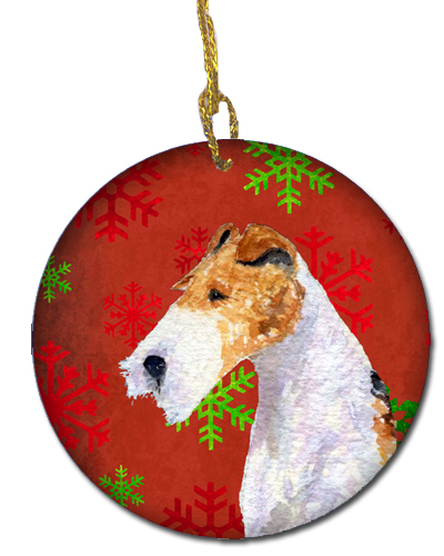 Fox Terrier Red Snowflakes Holiday Christmas Ceramic Ornament
