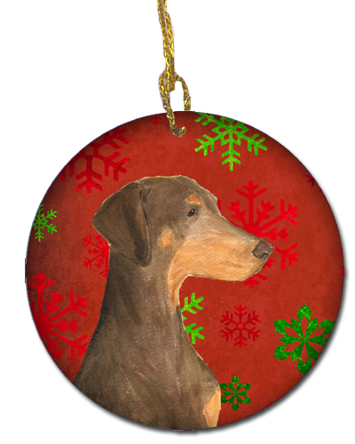 Doberman Red Snowflakes Holiday Christmas Ceramic Ornament