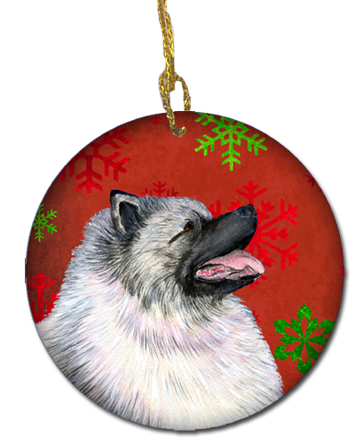 Keeshond Red Snowflakes Holiday Christmas Ceramic Ornament