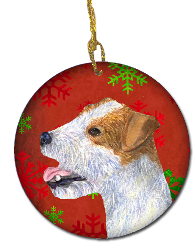 Jack Russell Terrier Red Snowflakes Holiday Christmas Ceramic Ornament