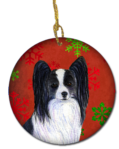 Papillon Red Snowflakes Holiday Christmas Ceramic Ornament