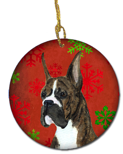 Boxer Red Snowflakes Holiday Christmas Ceramic Ornament