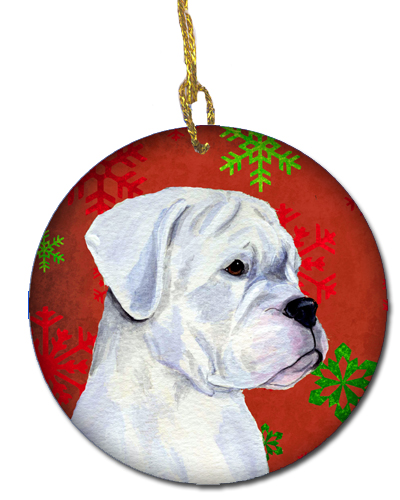 Boxer Red Snowflakes Holiday Christmas Ceramic Ornament