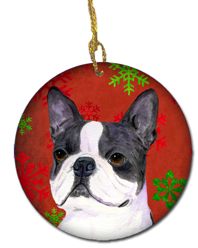Boston Terrier Red Snowflakes Holiday Christmas Ceramic Ornament