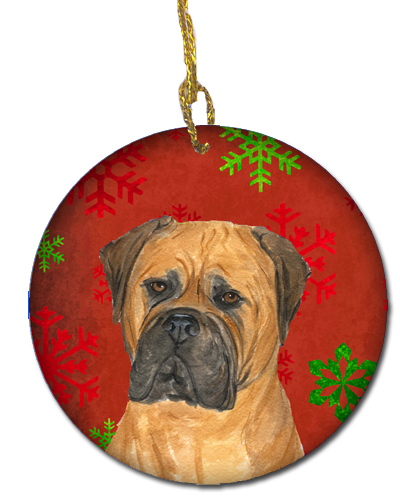 Bullmastiff Red Snowflakes Holiday Christmas Ceramic Ornament