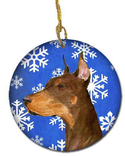 Doberman Winter Snowflakes Holiday Christmas Ceramic Ornament