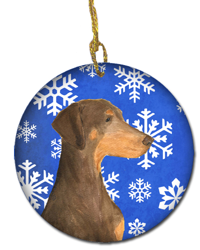 Doberman Winter Snowflakes Holiday Christmas Ceramic Ornament