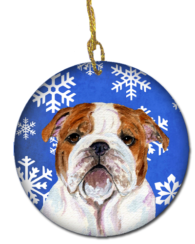 SS4622-CO1 Bulldog English Winter Snowflakes Holiday Christmas Ceramic Ornament