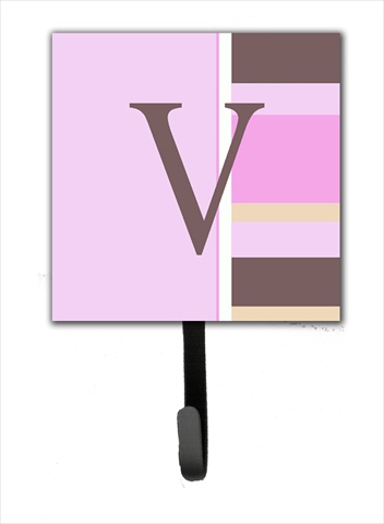 CJ1005-VSH4 Letter V Initial Monogram - Pink Stripes Leash Holder Or Key Hook
