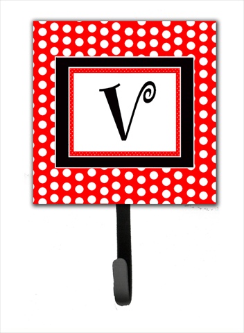 CJ1012-VSH4 Letter V Initial Monogram - Red Black Polka Dots Leash Holder Or Key Hook
