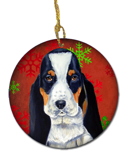 Basset Hound Red Snowflake Holiday Christmas Ceramic Ornament