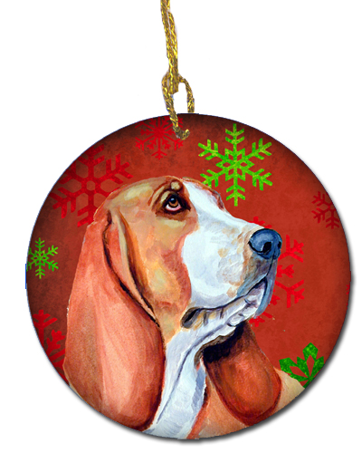 Basset Hound Red Snowflake Holiday Christmas Ceramic Ornament
