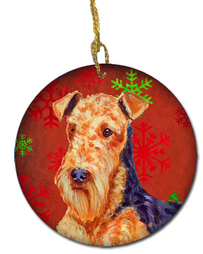Airedale Red Snowflake Holiday Christmas Ceramic Ornament