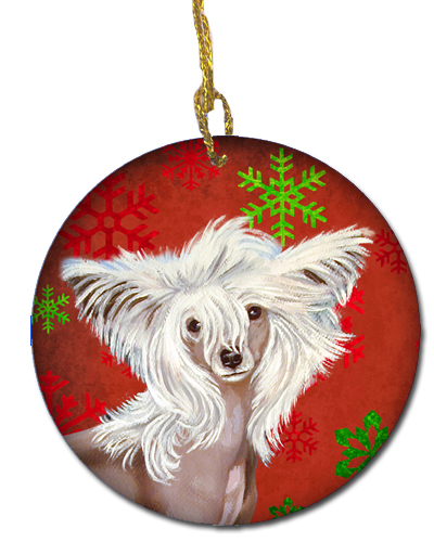 Chinese Crested Red Snowflake Holiday Christmas Ceramic Ornament
