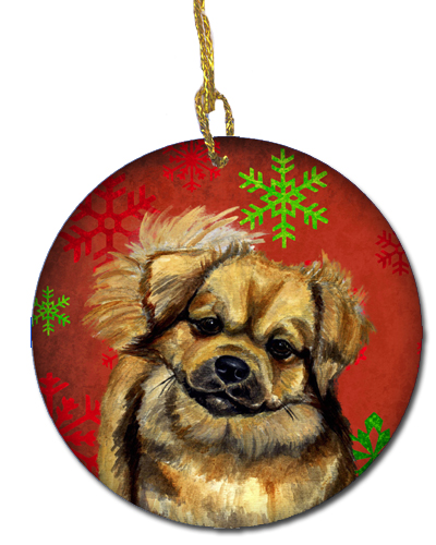Tibetan Spaniel Red Snowflake Holiday Christmas Ceramic Ornament