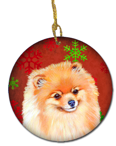 Pomeranian Red Snowflake Holiday Christmas Ceramic Ornament