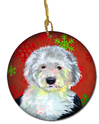 LH9351-CO1 Old English Sheepdog Red Snowflake Holiday Christmas Ceramic Ornament