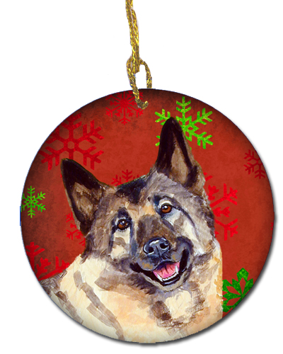 Norwegian Elkhound Red Snowflake Holiday Christmas Ceramic Ornament