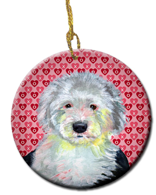 Picture of Carolines Treasures LH9171CO1 Old English Sheepdog Valentines Love And Hearts Ceramic Ornament