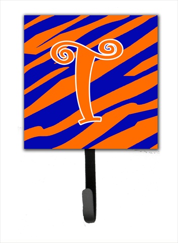 4.25 x 6 in. Letter T Initial Tiger Stripe Blue and Orange Leash Or Key Hook