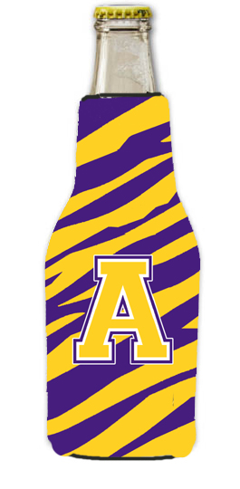 Carolines Treasures CJ1022-A-BOTTLE 3 x 8 in. Tiger Stripe Purple Gold Letter A Initial Longneck Beer Hugger with Zippe