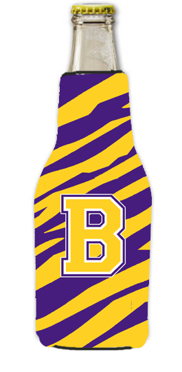 Carolines Treasures CJ1022-B-BOTTLE 3 x 8 in. Tiger Stripe Purple Gold Letter B Initial Longneck Beer Hugger with Zippe