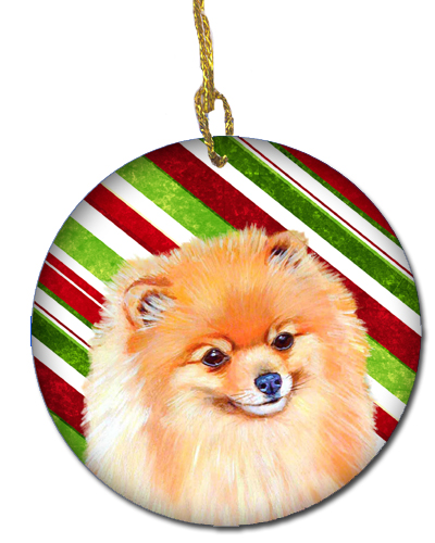 Pomeranian Candy Cane Holiday Christmas Ceramic Ornament