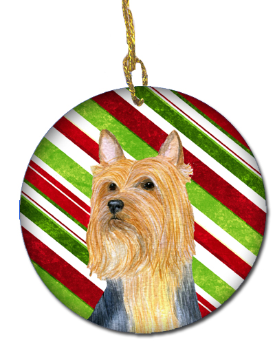 Silky Terrier Candy Cane Holiday Christmas Ceramic Ornament