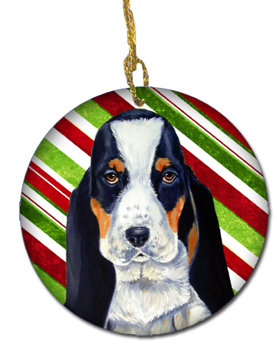 Basset Hound Candy Cane Holiday Christmas Ceramic Ornament