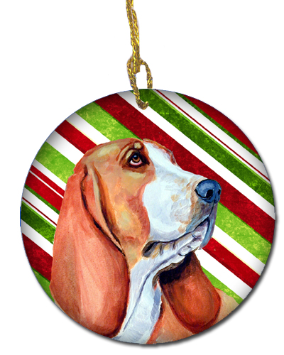 Basset Hound Candy Cane Holiday Christmas Ceramic Ornament