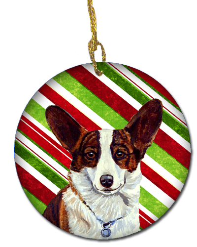 Corgi Candy Cane Holiday Christmas Ceramic Ornament