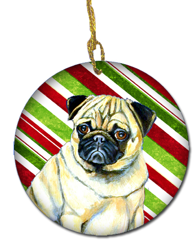Pug Candy Cane Holiday Christmas Ceramic Ornament
