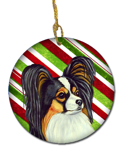 Papillon Candy Cane Holiday Christmas Ceramic Ornament