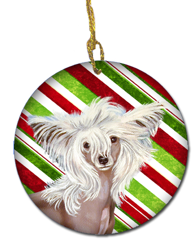 Chinese Crested Candy Cane Holiday Christmas Ceramic Ornament