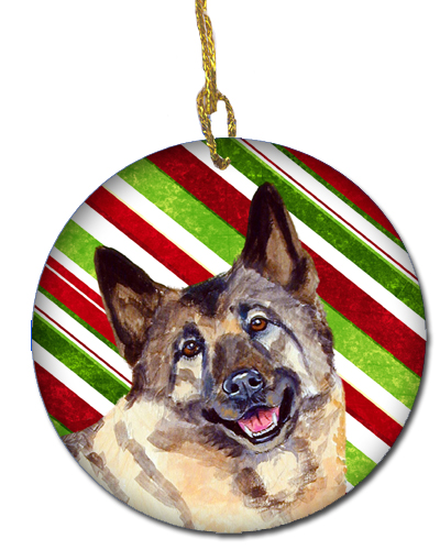 Norwegian Elkhound Candy Cane Holiday Christmas Ceramic Ornament