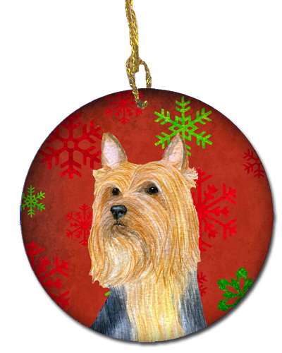 Silky Terrier Red Snowflake Holiday Christmas Ceramic Ornament