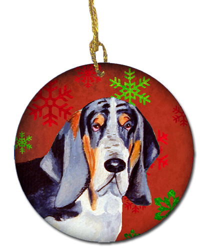 Basset Hound Red Snowflake Holiday Christmas Ceramic Ornament