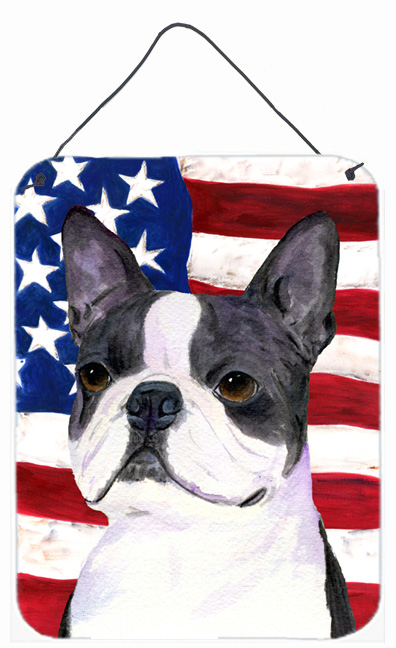 SS4021DS1216 12 x 16 in. Usa American Flag With Boston Terrier Aluminium Metal Wall Or Door Hanging Prints