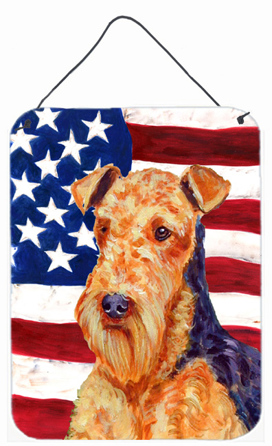 LH9005DS1216 12 x 16 in. Usa American Flag With Airedale Aluminium Metal Wall Or Door Hanging Prints