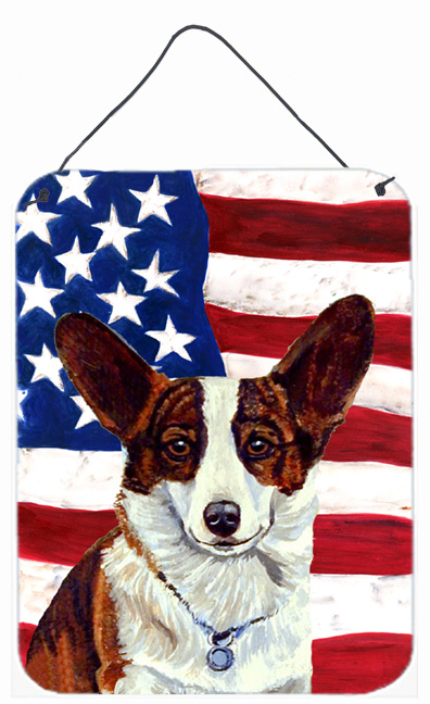 LH9011DS1216 12 x 16 in. Usa American Flag With Corgi Aluminium Metal Wall Or Door Hanging Prints