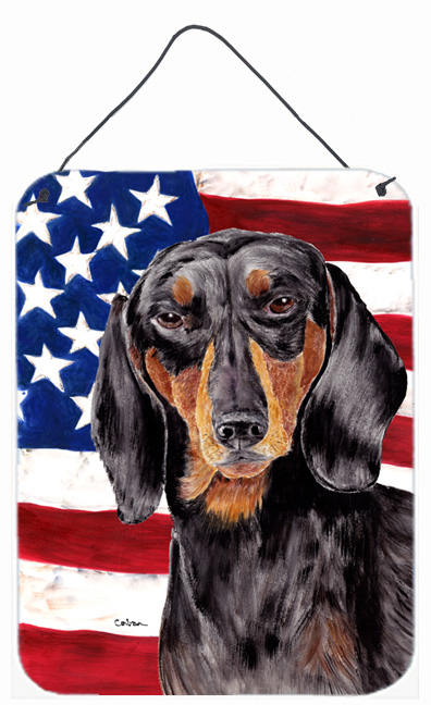 SC9003DS1216 12 x 16 in. Usa American Flag With Dachshund Aluminium Metal Wall Or Door Hanging Prints