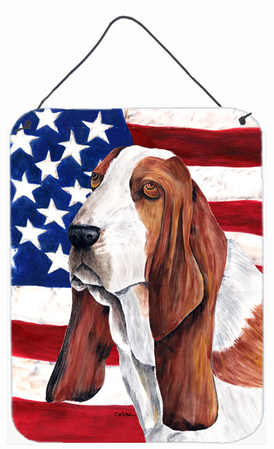 SC9004DS1216 12 x 16 in. Usa American Flag With Basset Hound Aluminium Metal Wall Or Door Hanging Prints