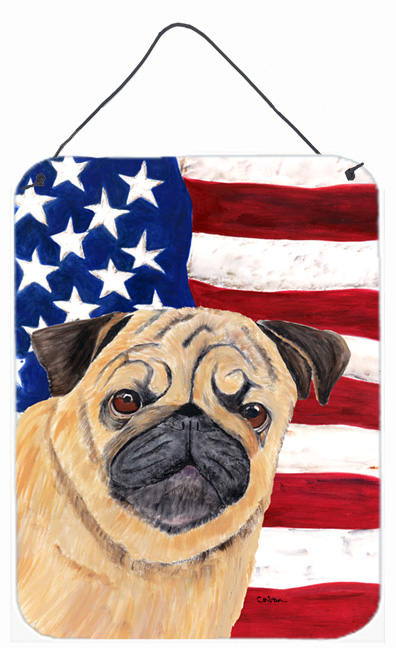12 x 16 in. Usa American Flag With Pug Aluminium Metal Wall Or Door Hanging Prints