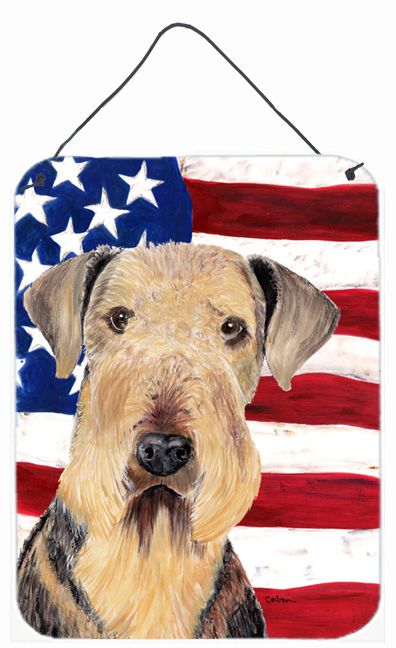 SC9007DS1216 12 x 16 in. Usa American Flag With Airedale Aluminium Metal Wall Or Door Hanging Prints